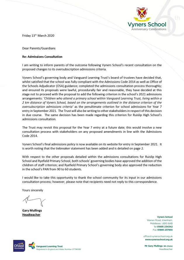 Vyners' revised admissions policy 